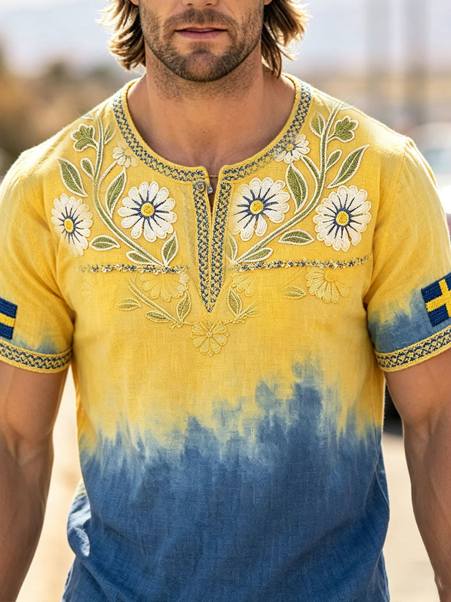 Herr Sverige Gaffel Konst Blommigt Tryckt Linne T-shirt