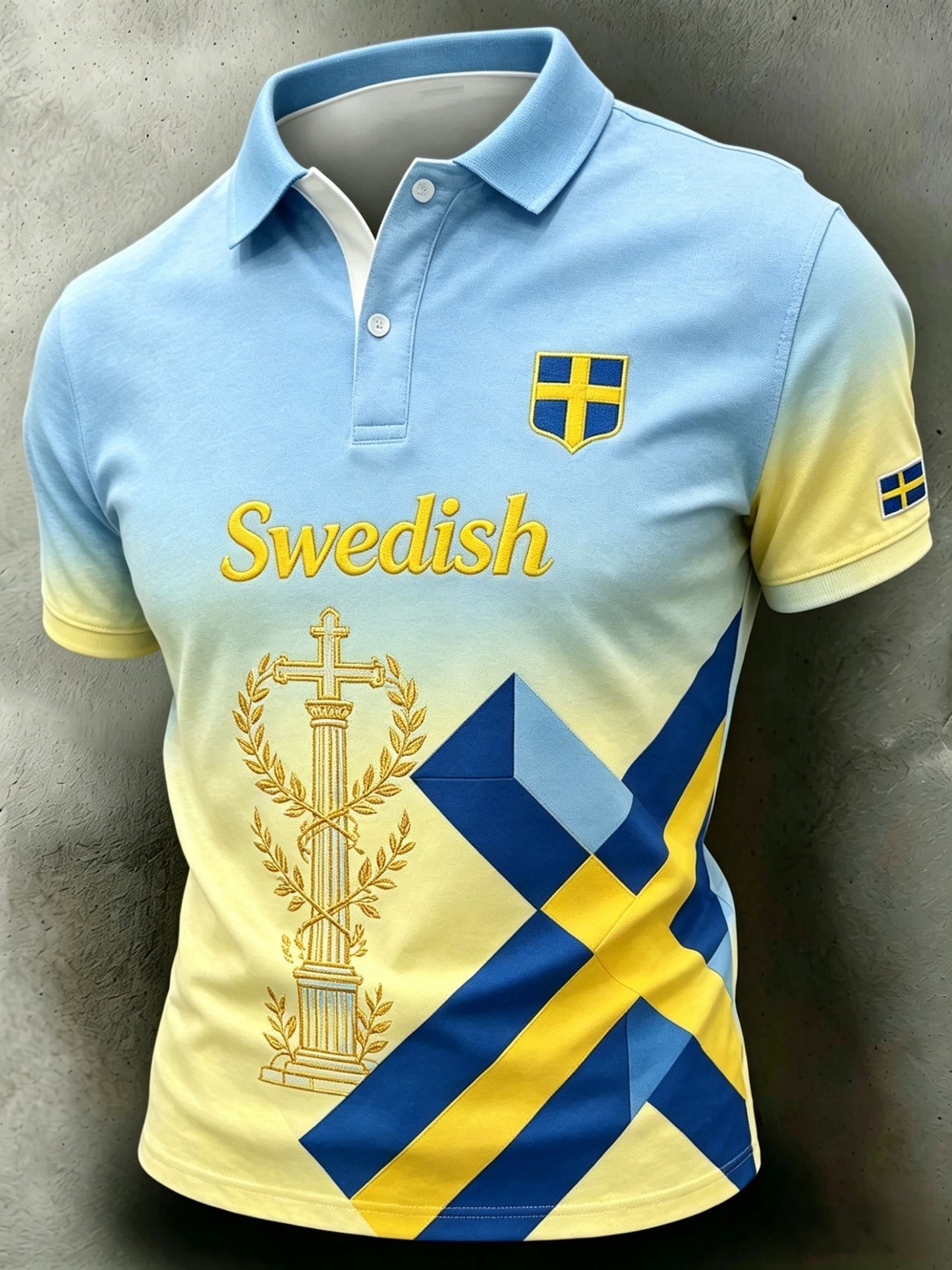 Herrpolskortärmad polo med retrotryck för svenska fotbollsentusiaster 2026