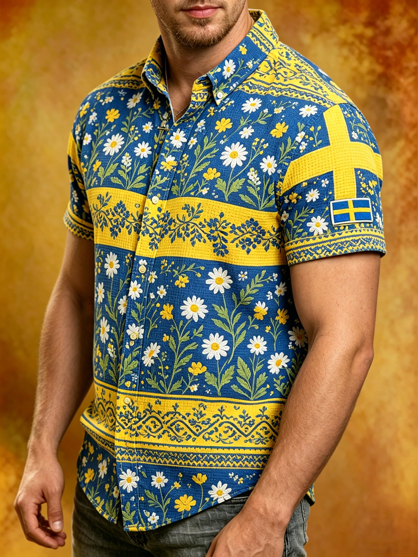 Herrskjorta i waffelväv med midsommarblommönster och korta ärmar