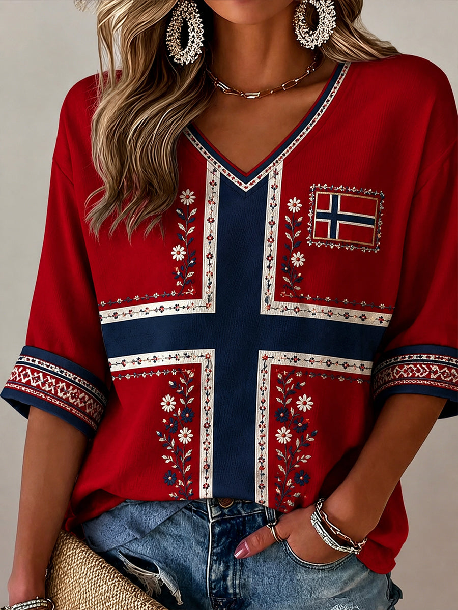 Damer Retro Nordisk stil Norsk konsttryck Lässig topp i bomull och linne, bekväm