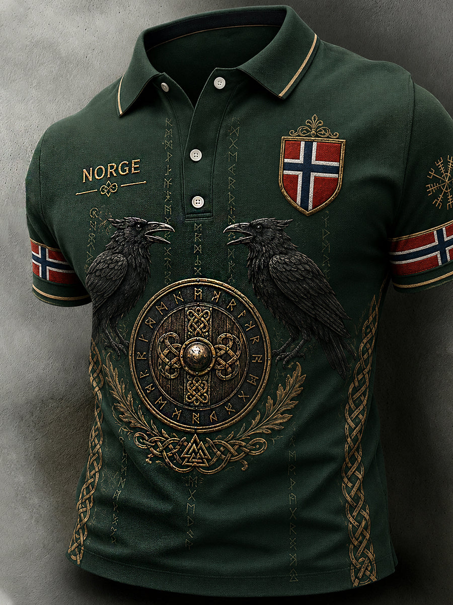 Herrpolotröja i retro nordisk stil med norsk konsttryck, avslappnad stil