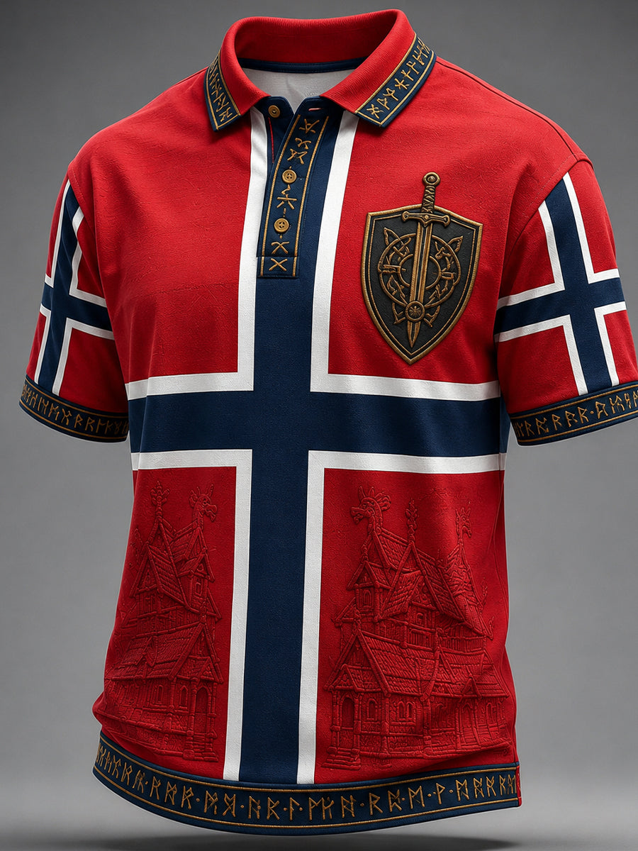 Herrpolotröja i retro nordisk stil med norsk konsttryck, avslappnad stil