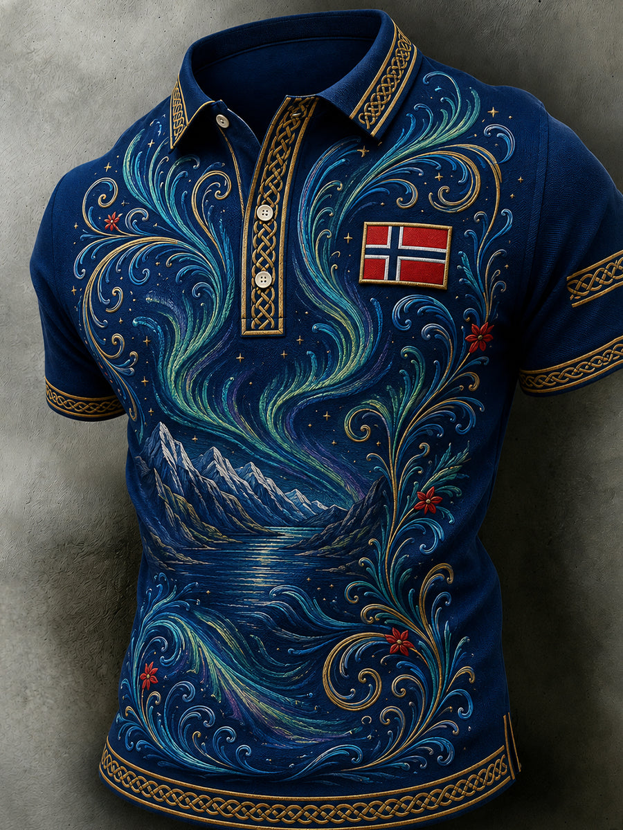 Herrpolotröja i retro nordisk stil med norsk konsttryck, avslappnad stil