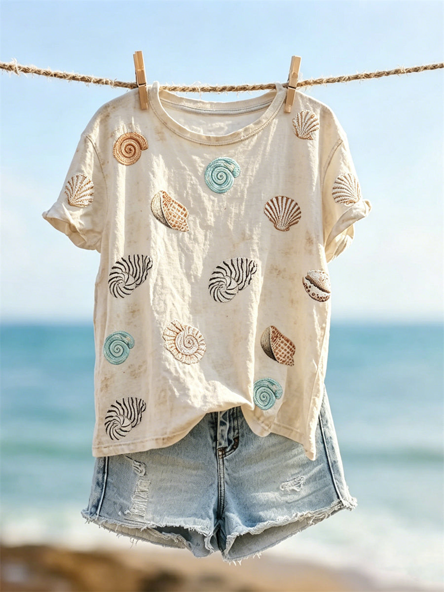 Women's Beach Sea Shells & Conch Print T-shirt