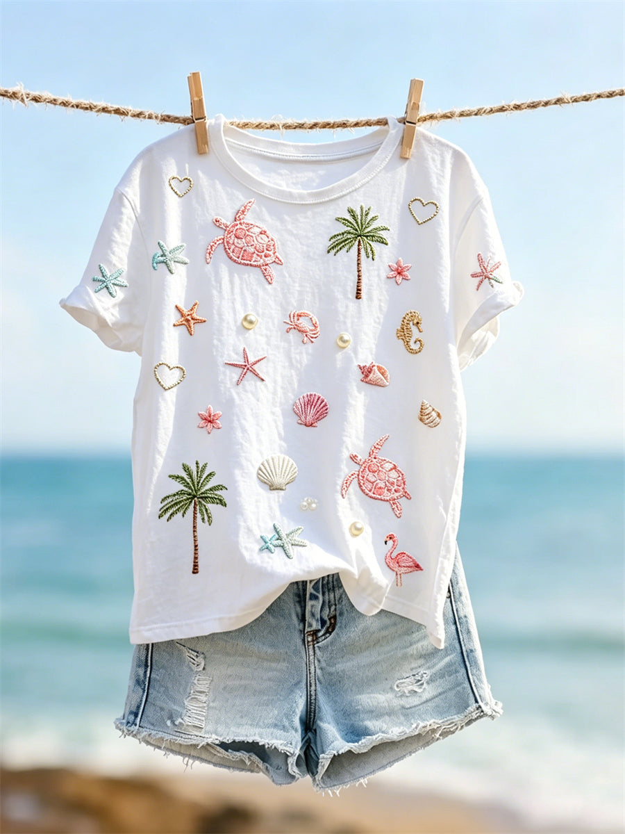 Kvinnors Vacation Beach Elements Mönster Skriv ut kortärmad T-shirt