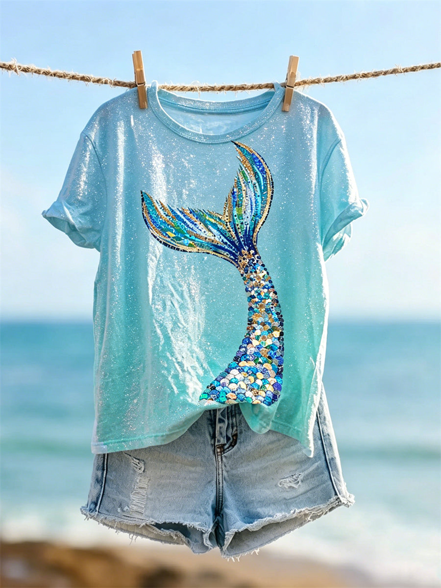 Kvinnors sjöjungfru Sjärta Glitter Konst Skriv ut Gradient kortärmad T-shirt