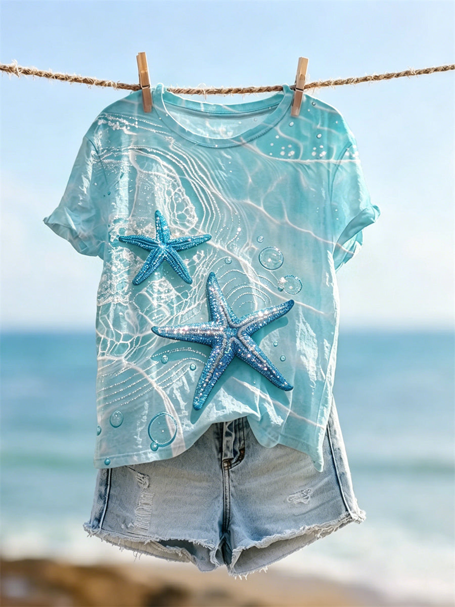 Women's Glitter Starfish & Beach Sea Waves Skriv ut kortärmad T-shirt