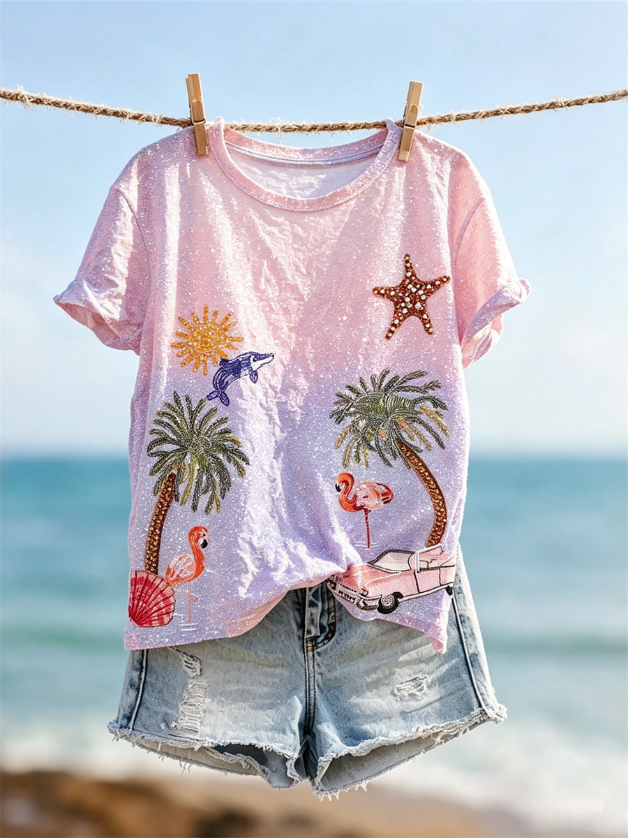 Damens Seaside Semesterelement Glitter Gradient Skriv ut kortärmad T-shirt