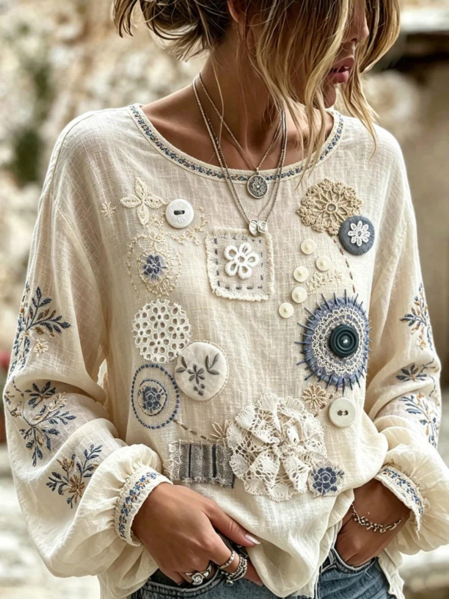Damtröja i vintagestil med blommigt konsttryck, tillverkad i bomull och linne