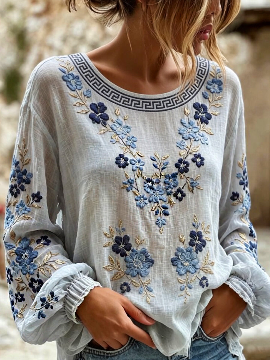 Damtröja i vintagestil med blommigt konsttryck, tillverkad i bomull och linne