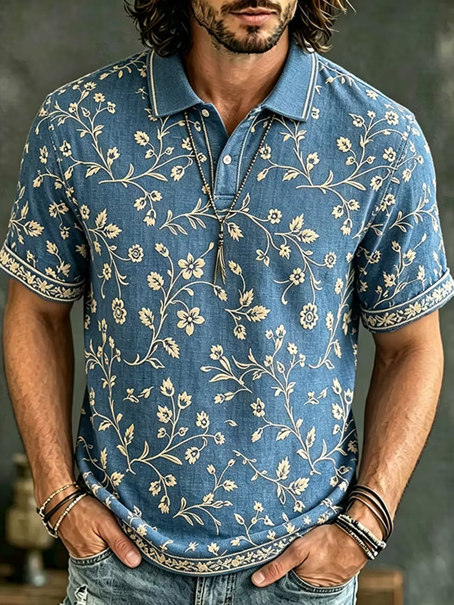 Retro abstrakt broderad blomsterkonsttryck avslappnad pikétröja