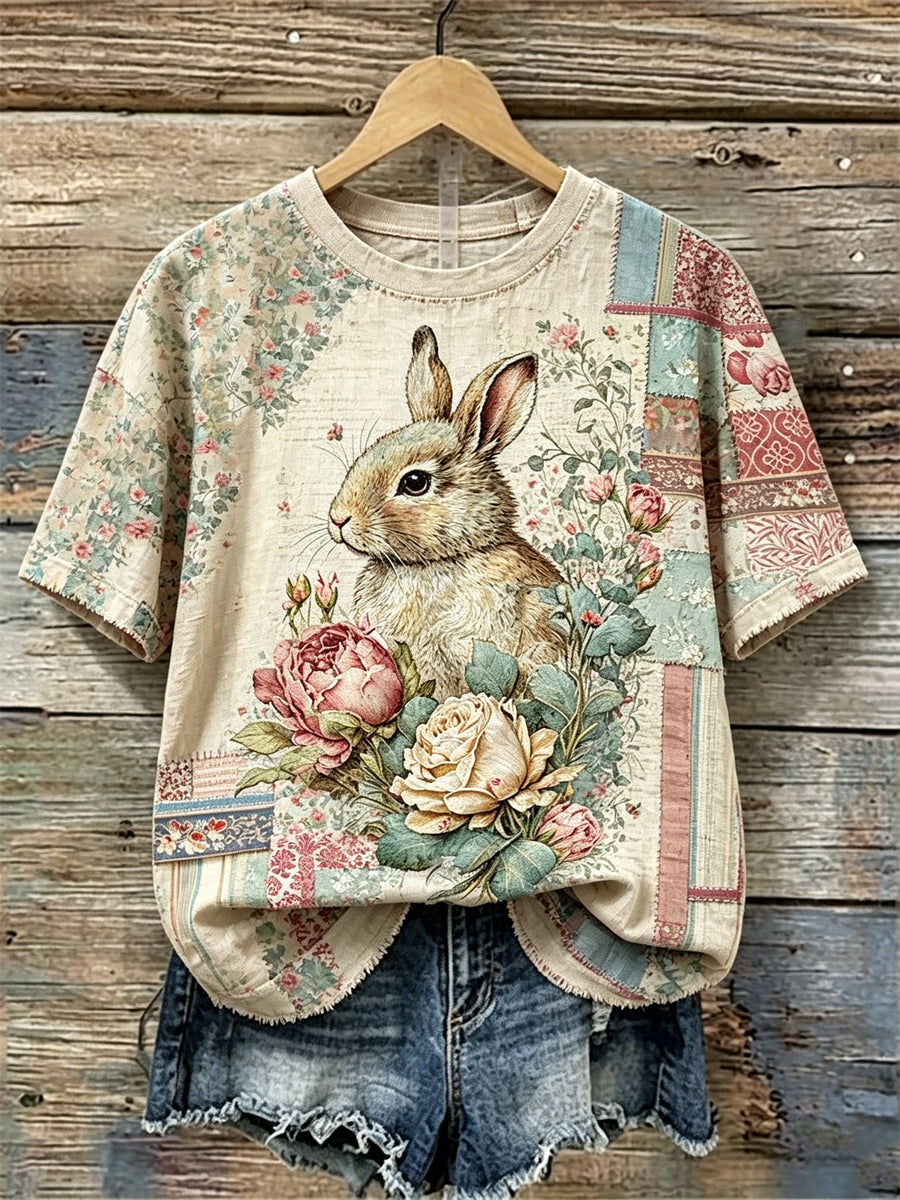 Damtröja i vintagestil med kanin- och ros-mönster, broderad blommotivpatchwork och korta ärmar, tillverkad av linne