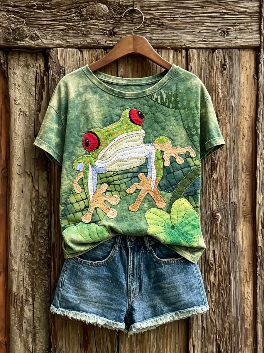 Kvinnors Vintage Skogsträd Groda Konst Skriv ut kortärmad T-shirt