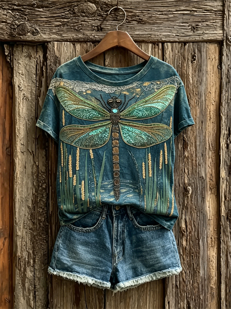 Damens Vintage Classy Dragonfly Konst Skriv ut kortärmad T-shirt