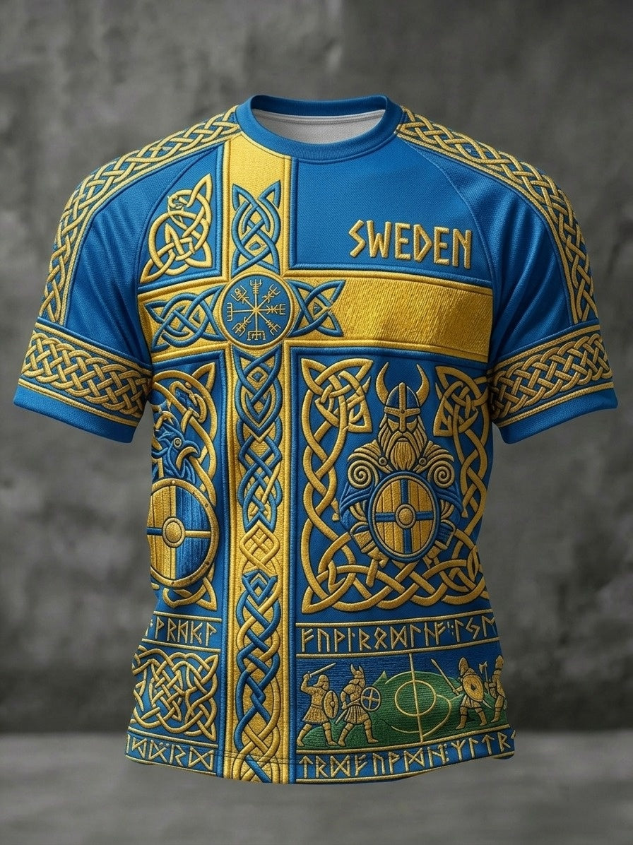 Herrtröja i retrostil med svensk fotbollsmotiv och korta ärmar, år 2026