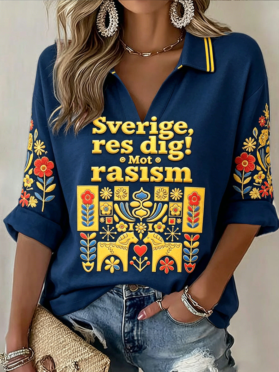 Kvinnors svenska antidiskriminering Dala Horse Floral Print Casual Polo T-shirt