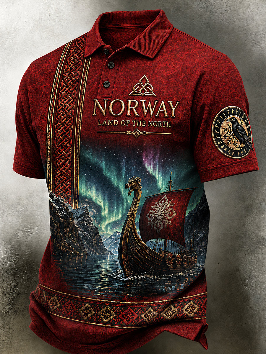 Herrpolotröja i retro-nordisk stil med norsk konsttryck