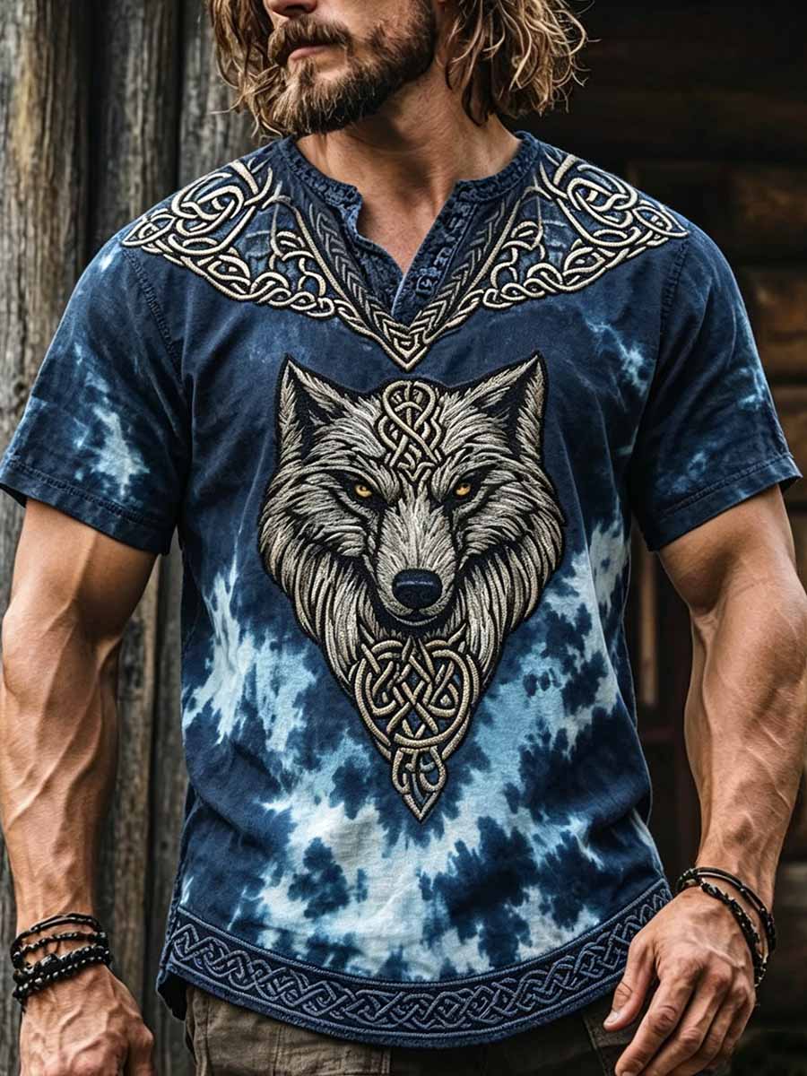 Mansvintage-T-shirt med keltisk knut och vargtryck