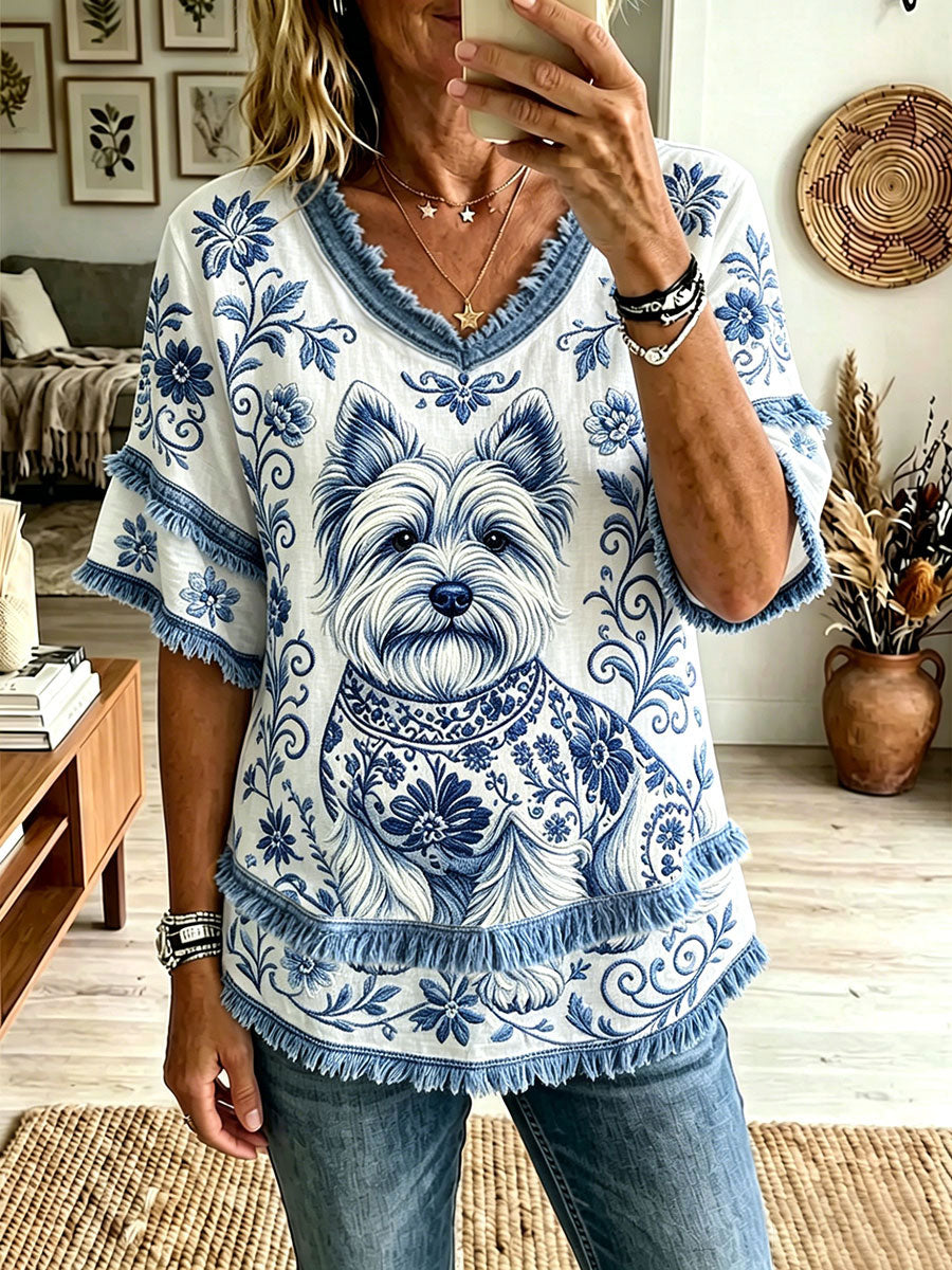 Kvinnors hund blommor V-hals topp