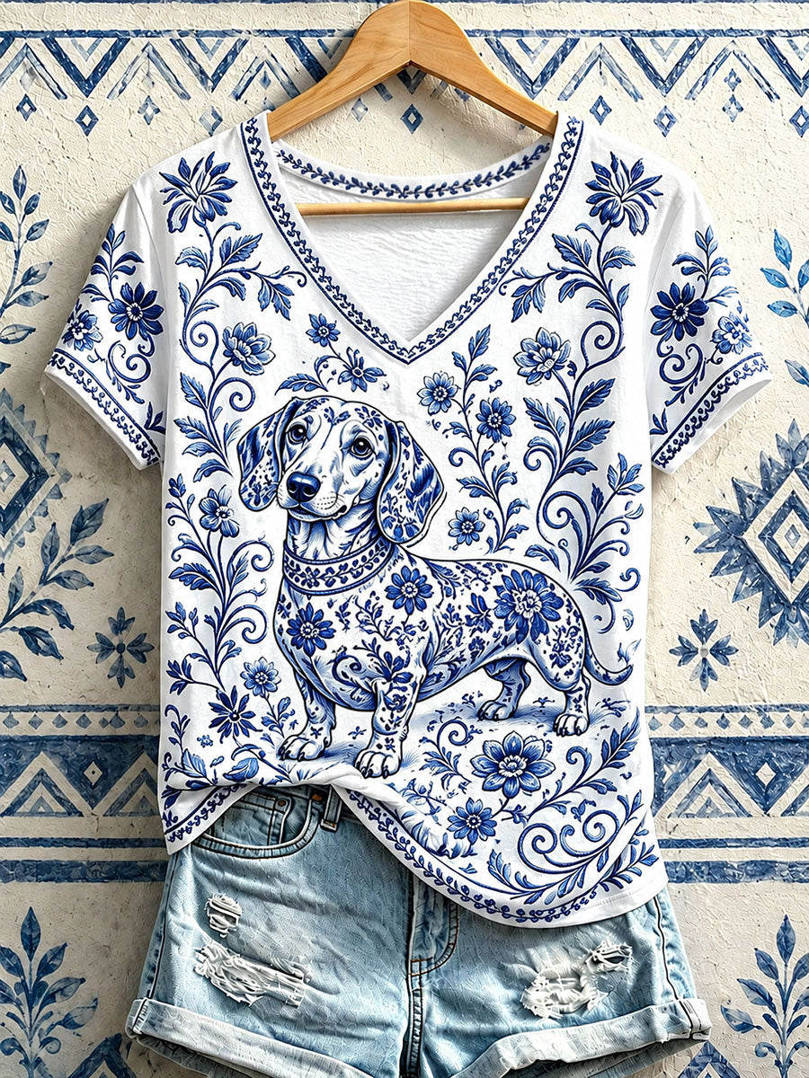 Kvinnor korv Hund Floral V-hals T-shirts