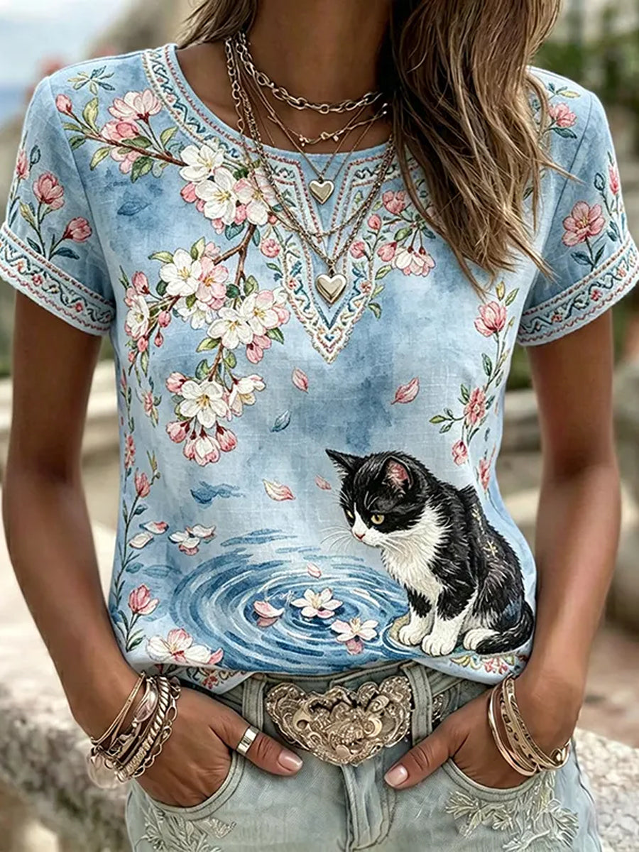 Kvinnors katt blomster konst mönster besättning hals kort ärm lin topp