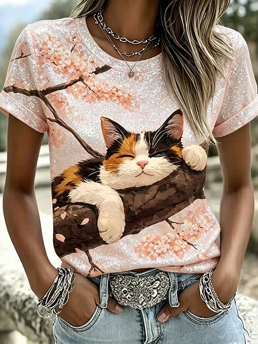 Kvinnlig söt t-shirt med kattmotiv i casual stil och korta ärmar