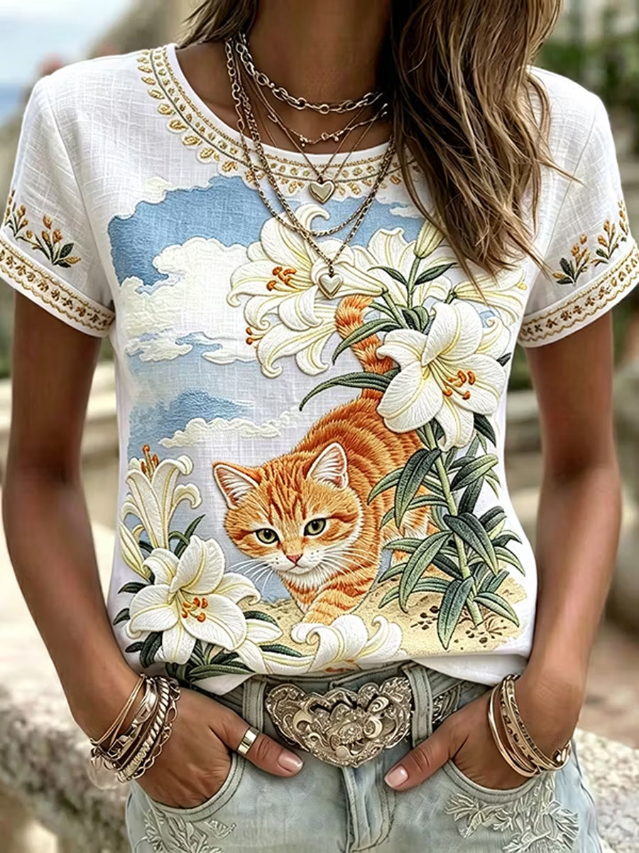 Dammens kattdesign med blommor, linneöverdel med rund halsringning och korta ärmar