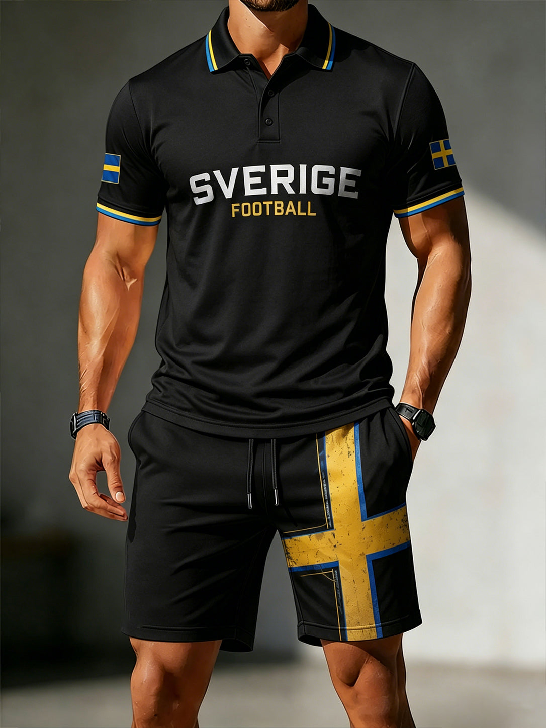 Mäns fotboll-tema tryckt Polo tröja och Shorts Set