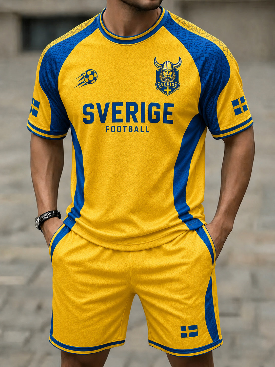 Mäns fotboll-tema Print Short-Sleeve och Shorts Set