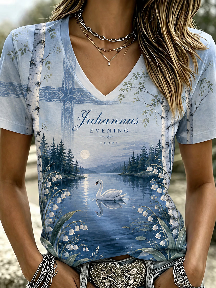 Kvinnors Finland Midsommarfestival Tryckt Casual V-hals T-shirt