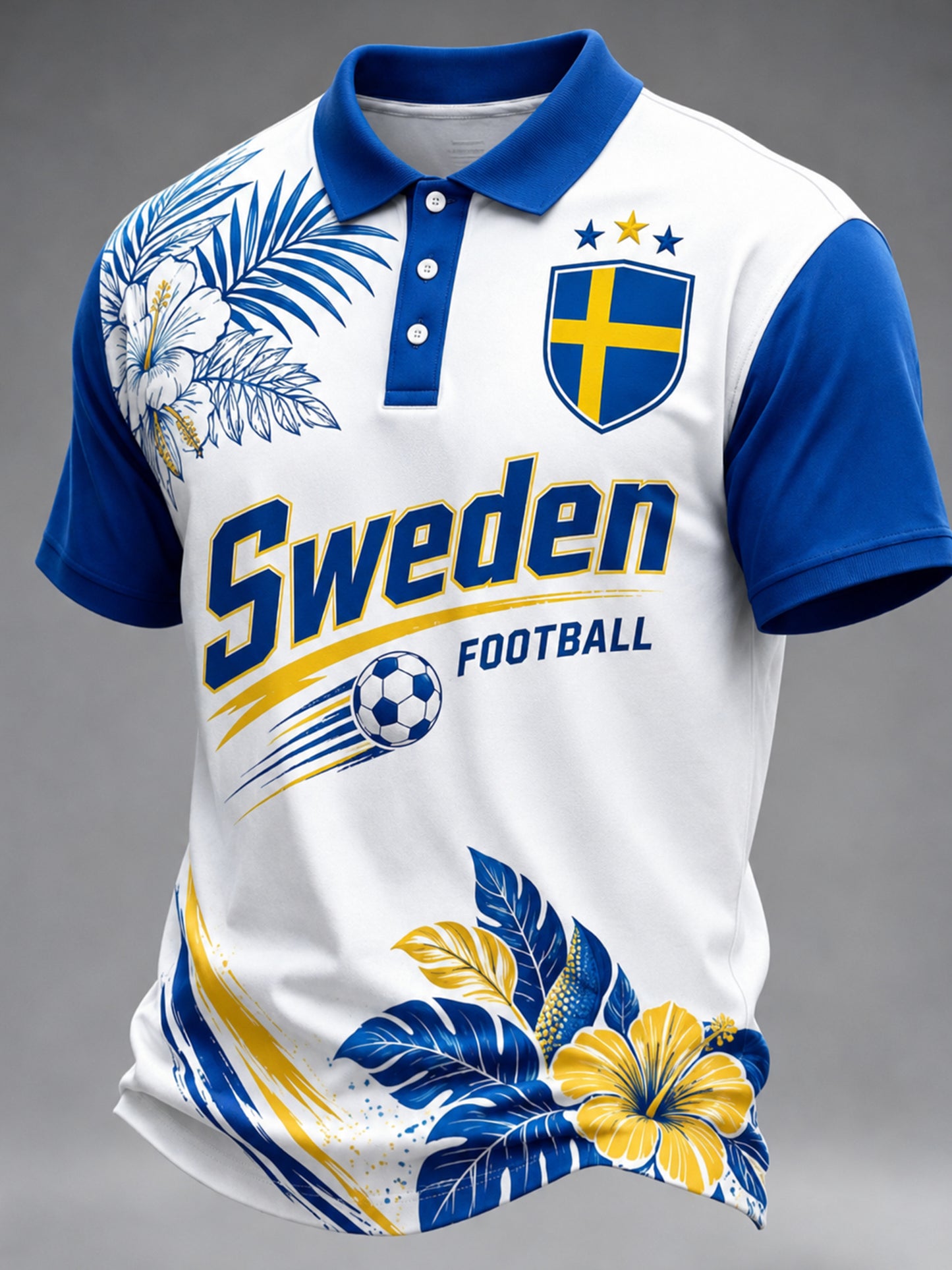 Herrpolo med konstnärlig tryck i svenska fotbollsfärgerna