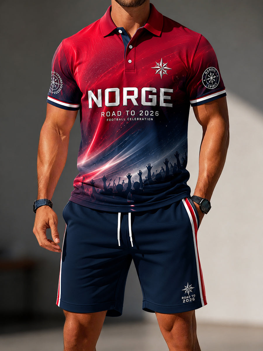 Retro norsk fotbollsfirande, avslappnat polotröja- och shortsset