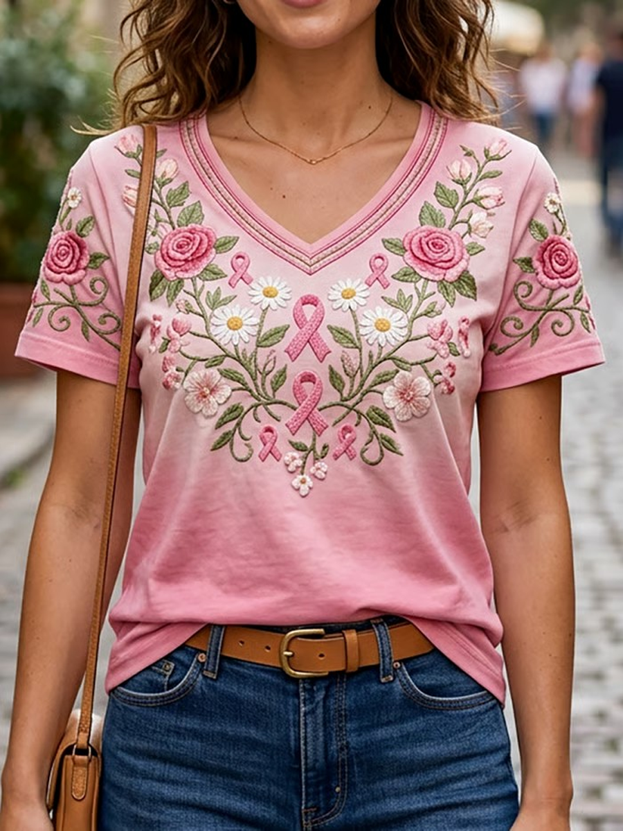 Dammens t-shirt med blommönster och korta ärmar