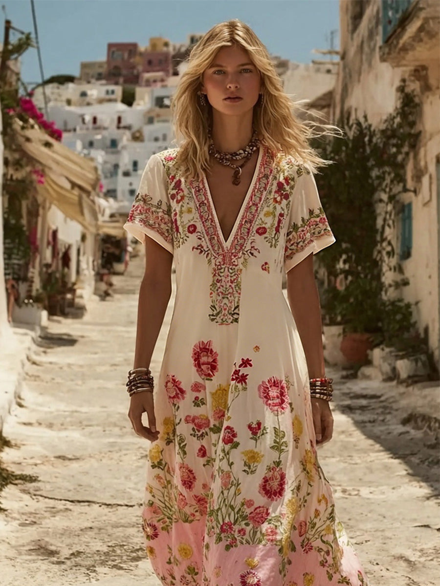 Kvinnors Vintage Bohemia Floral konst tryckt V-hals klänning
