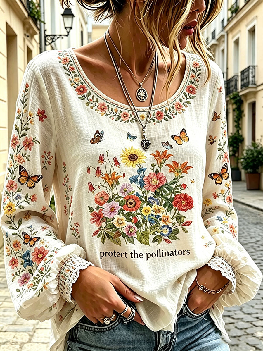 Kvinnor Pollinator Butterfly Floral Print Casual bomull-Linen skjorta