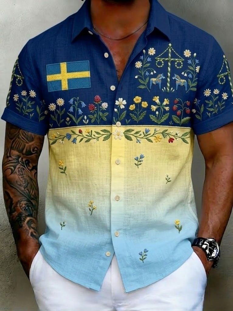 Mansskjortor i retrostil med svensk midsommar- och folkmotiv, i bomull-linne, kortärmade