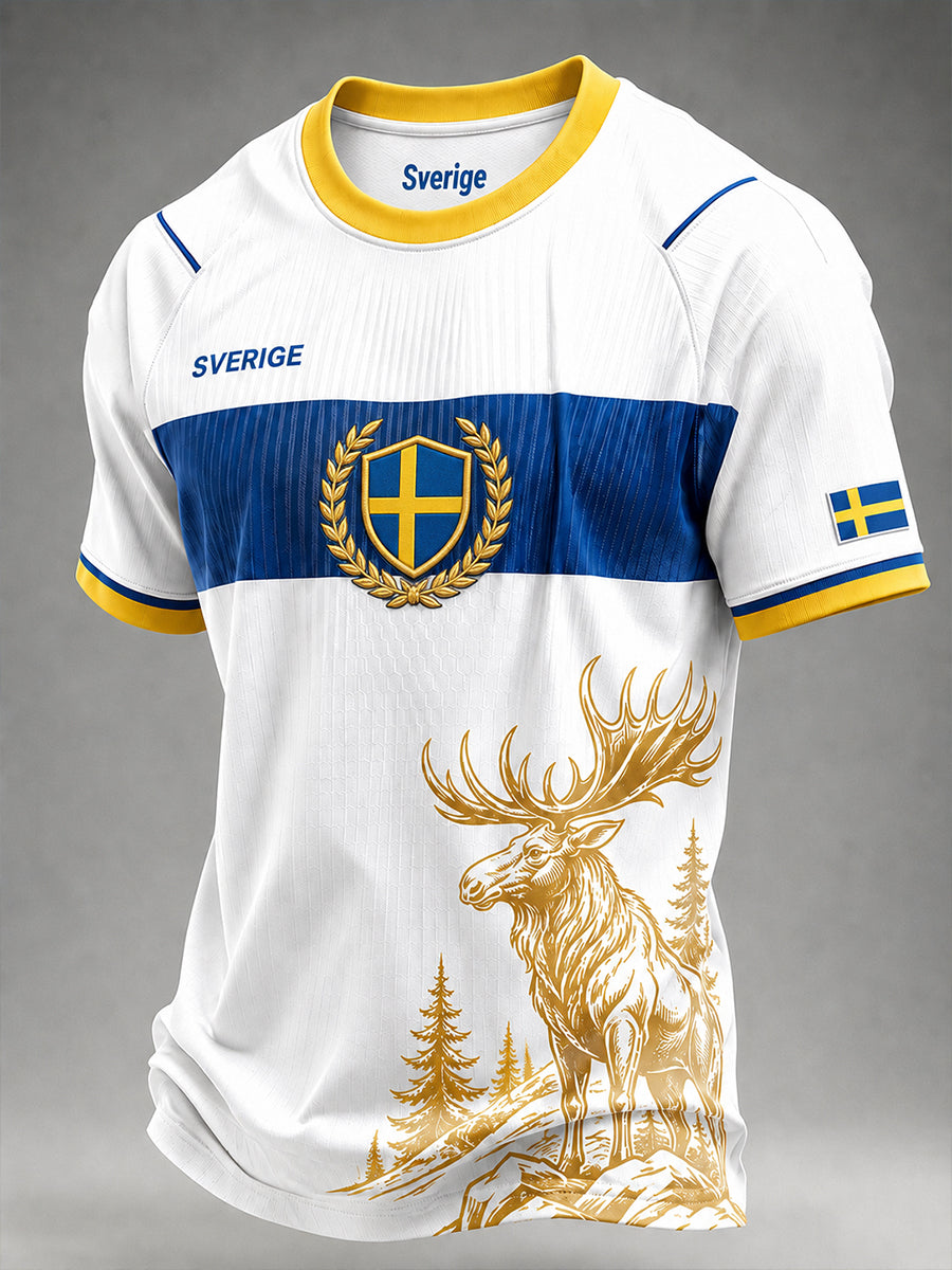 Herrlig retrovikingafotbollströja med motiv, raglanärmar och korta ärmar