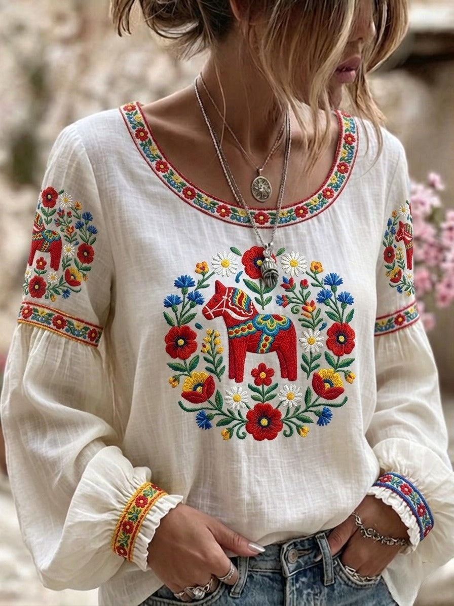 Dams Retro Svensk Midsommar Folkal Blus i Bomull-Linne