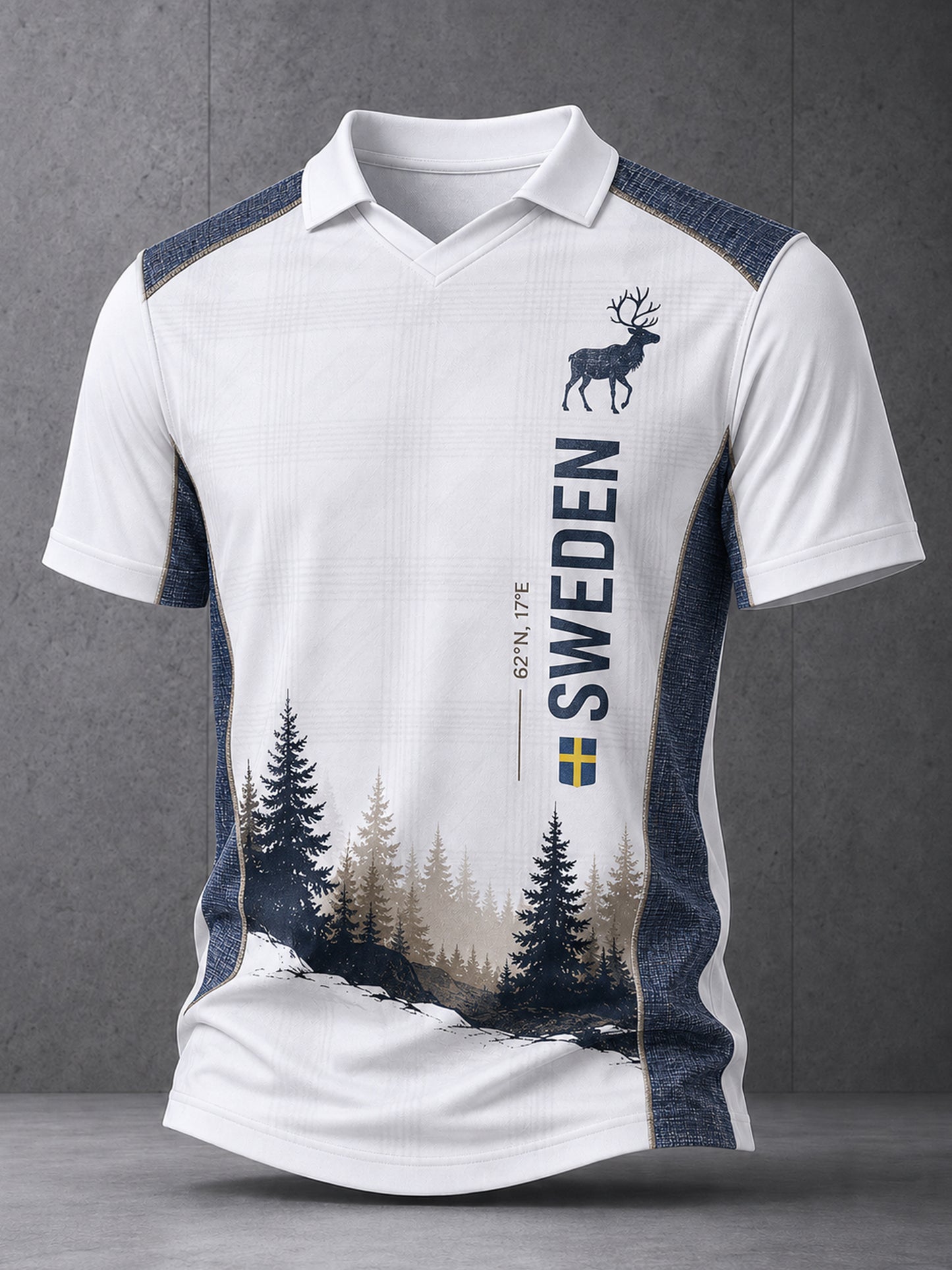 Mans löst sittande bas-T-shirt med V-ringning, tryckt mönster och korta ärmar