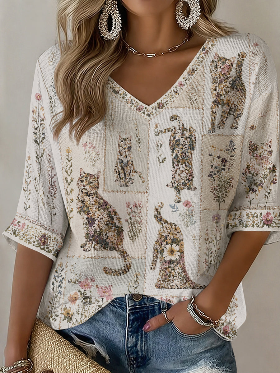 Kvinnlig t-shirt med söt katt-, växt- och blomsterprint – ledig stil