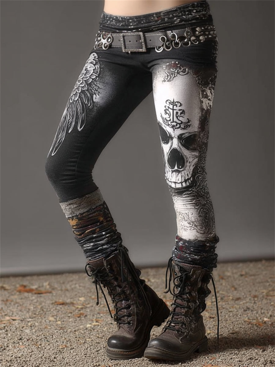 Kvinnors rock Style Skull & vingar blekta konst bekväma Leggings