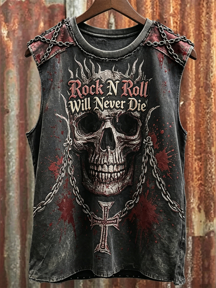 Mäns rock N roll kommer aldrig att dö Skull kors och kedjor Bloody Print Racket Västa