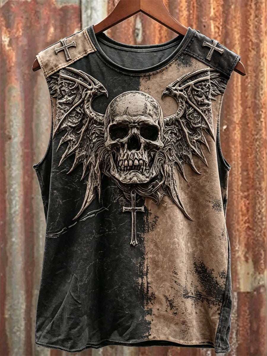 Mäns Rock Style Skull med vingar Kors Print Kontrast blekt rackväst blekt