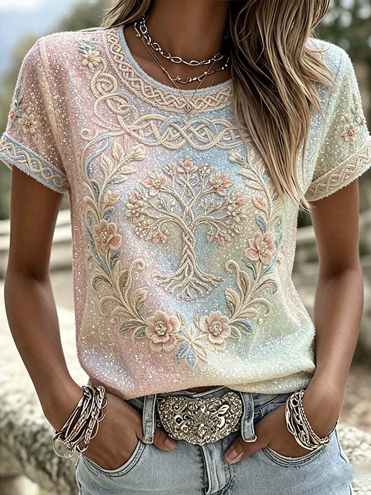 Damer Elegant blommigt keltiskt Livets träd glittertryck lutande färgskiftning t-shirt med kort ärm