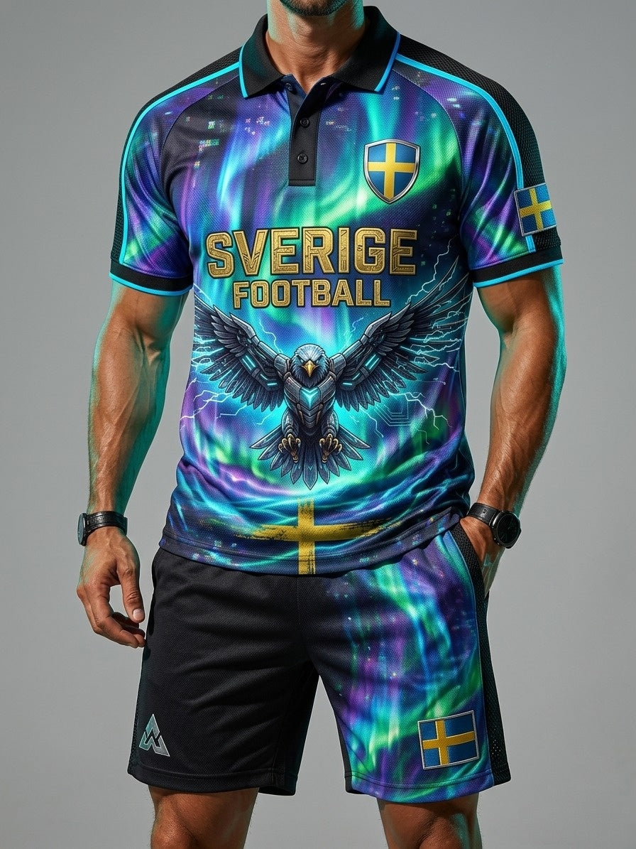 Herrset med retrodesign: svensk fotbollsentusiast 2026 – tryckt polo och shorts för vardagsbruk