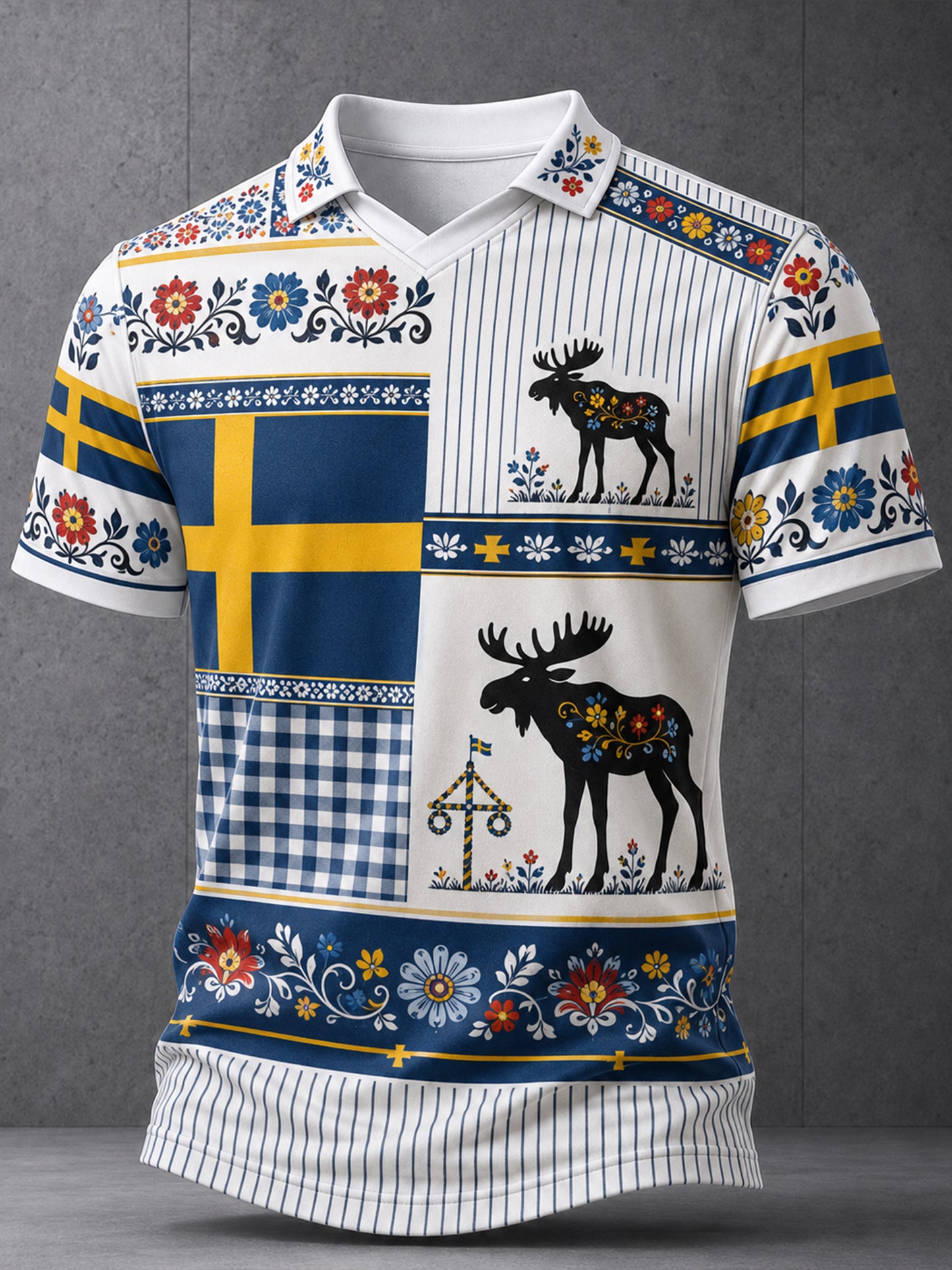 Herrtröja med V-ringning och konsttryck till minne av midsommardagen i Sverige
