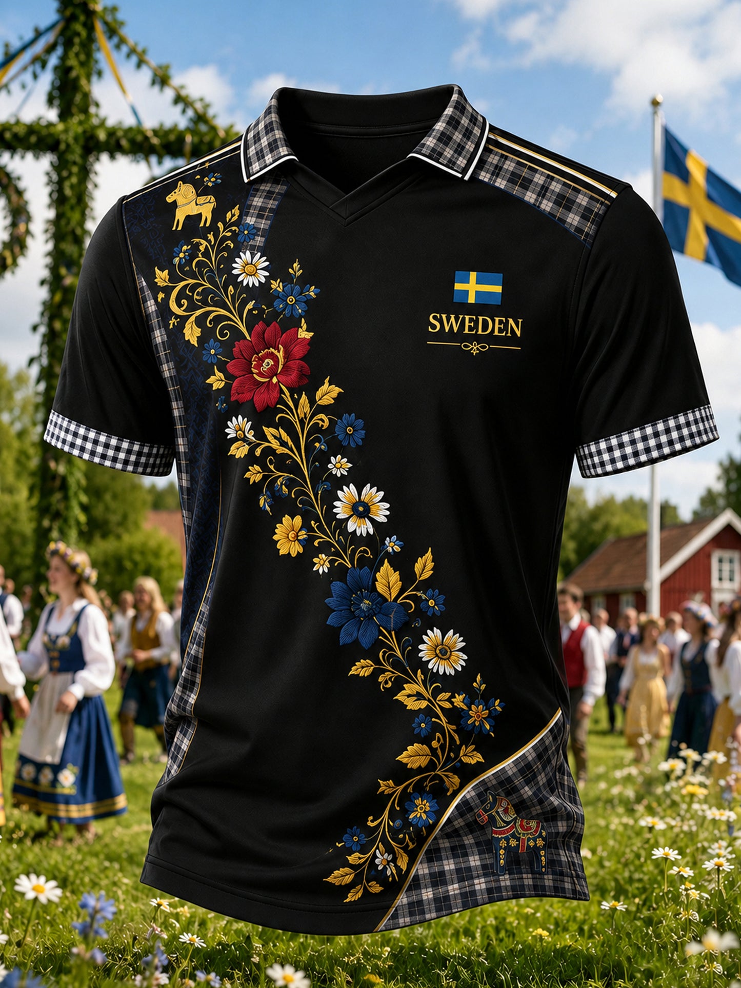 Herrtröja med V-ringning och konsttryck till minne av midsommardagen i Sverige