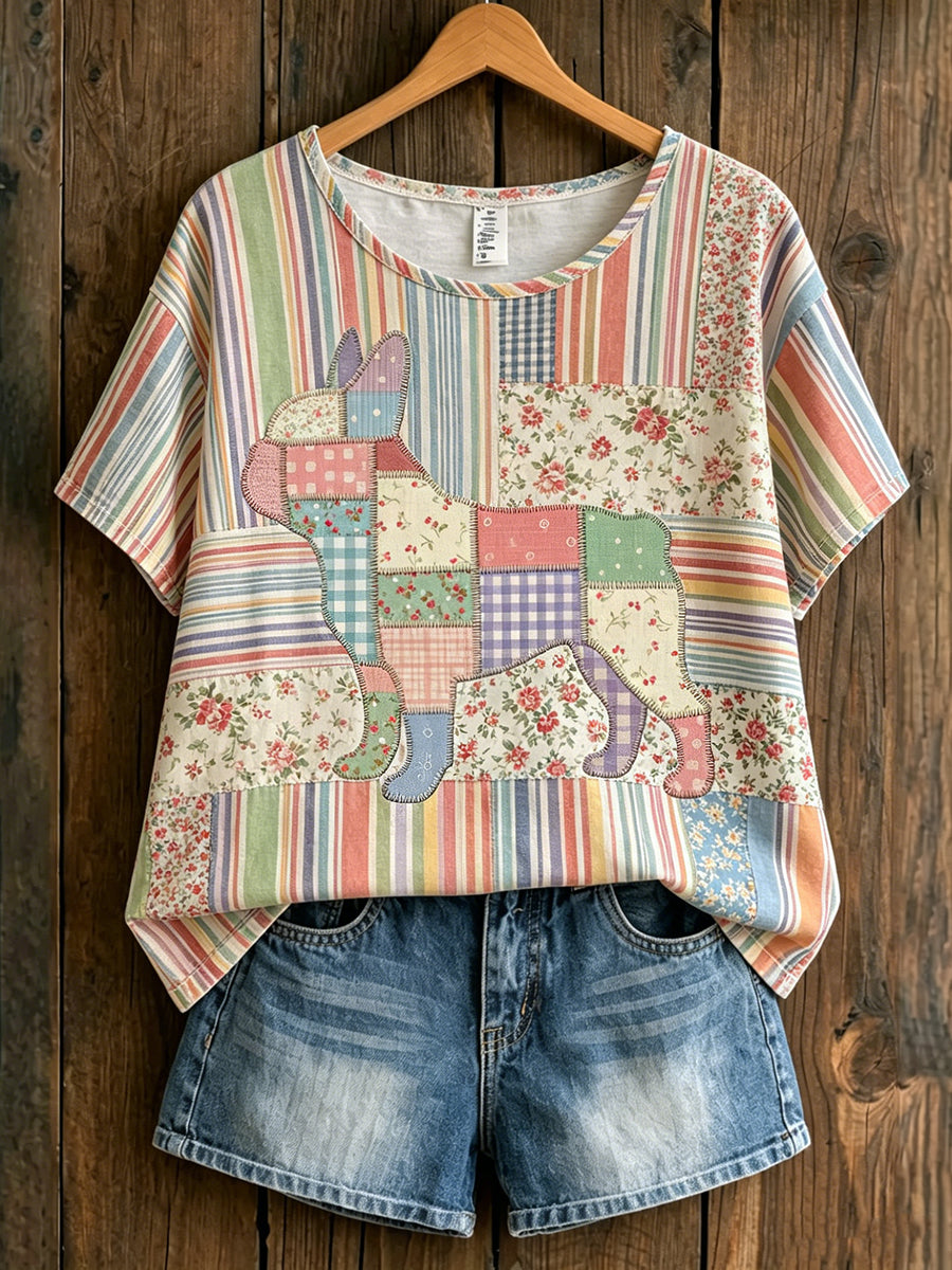 Kvinnors djurhund Landskapsstil Tryckt Vintage Fashion Loose Kort ärm T-shirt