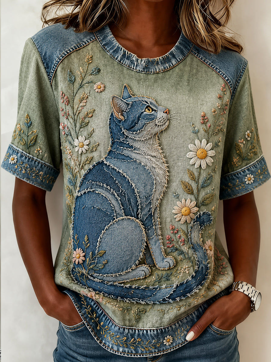 Kvinnlig söt collageblommig t-shirt med kattmönster och korta ärmarna för vardagsbruk