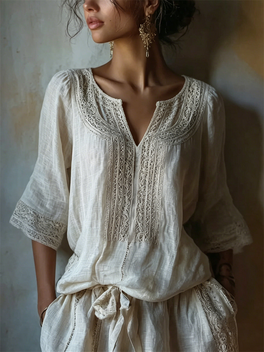 Kvinnors Vintage Classy spet konst Skriv ut Notch hals lin tunik